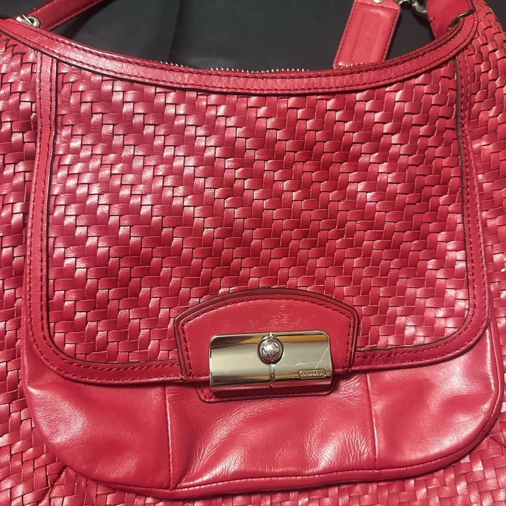 Coach Kristin Cranberry Red Woven Leather Shoulder Hobo with Removable Strap